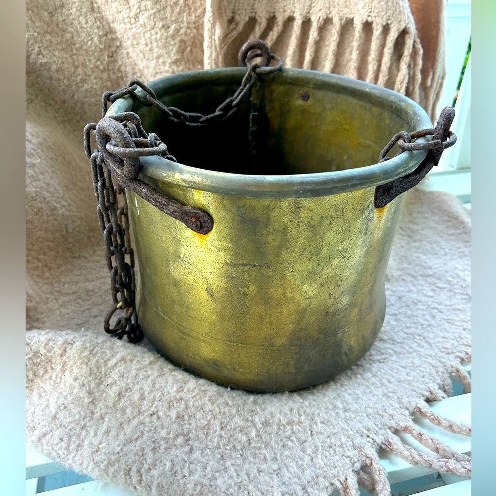 Antique Brass 11” Jam Cauldron Pot Kettle Planter Farmhouse Cast Iron Handle